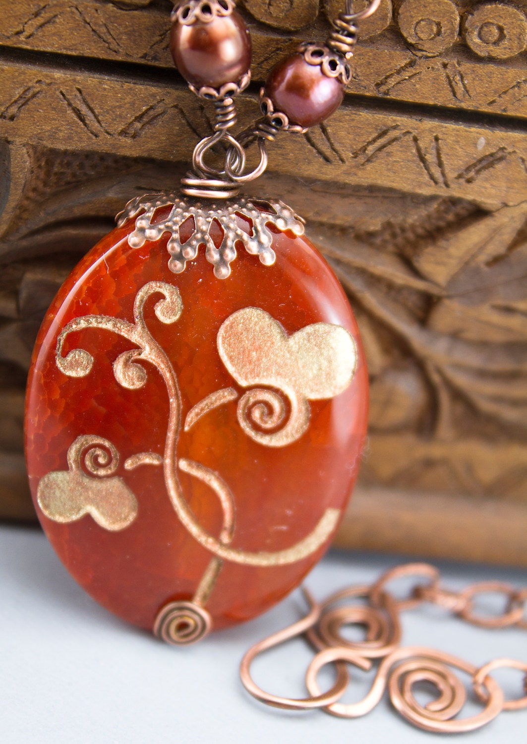 Flower swirl necklace-Fire agate stone engraved pendant