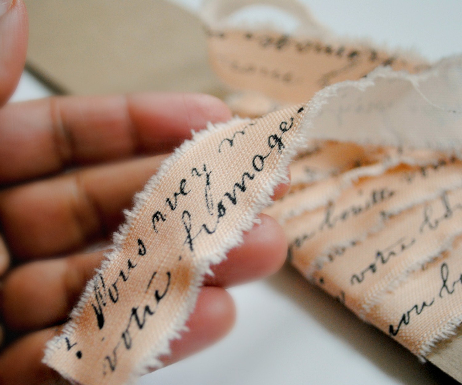 French script hand frayed ribbon