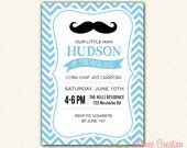Little Man Invitation - Mustache Birthday Party Invite / Baby Shower Invitation in Blue Chevron