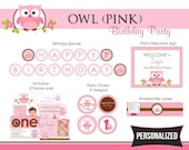 Owl Birthday Party Package (Pink) PRINTABLE DIY for 1st Birthday Girls PERSONALIZED - Invitation, Party Circle, Banner, etc