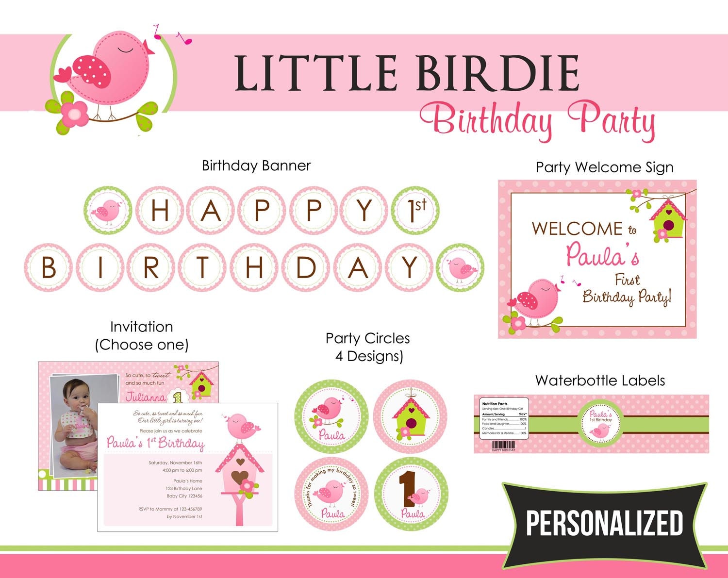 Bird 1st Birthday Party Package PRINTABLE DIY for Girls (Pink Green) PERSONALIZED - Invitation, Party Circle, Banner, etc