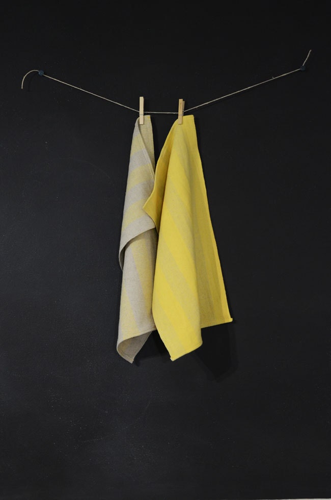 2 Handwoven Yellow and Natural Striped Tea Towels