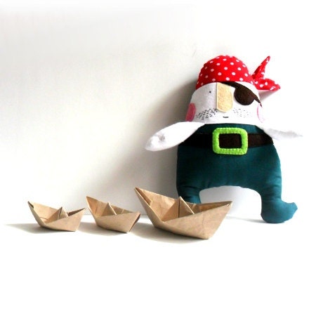 Pirate soft toy stuffed toy rag doll softie plushie  green white red dotted handmade toy rover 12.6" 32 cm