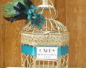 Peacock Wedding Card Box / Peacock Feathers /  Champagne / Bird Cage Wedding Card Holder / Teal