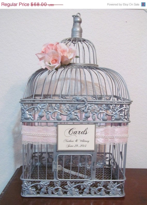 On Sale Silver Wedding Card Box / Lace and Pearls  / Vintage Inspired / Birdcage Wedding Card Holder / Pink