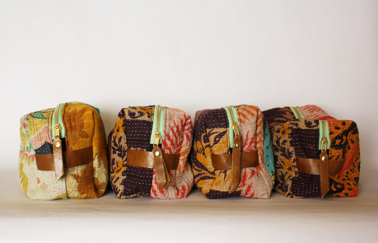 set of 4 bridesmaid gifts - custom order for kantha quilt dopp kit cosmetic bags