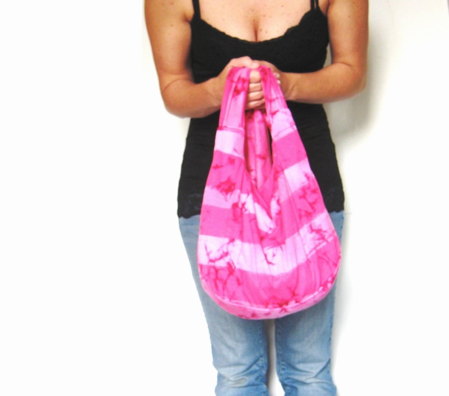 Cross Body Bag. Hot Pink Striped Tie Dyed. Over the Shoulder Large Purse, Slouch Bag. Spring Line.