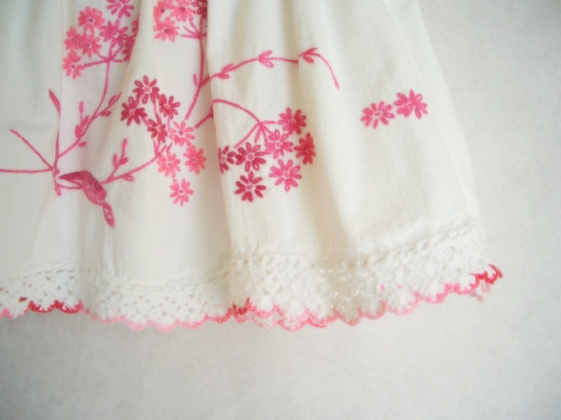 Baby Girl Boutique Skirt Upcycled Vintage Pink Floral Embroidery Cotton 3-6 months - junebeam