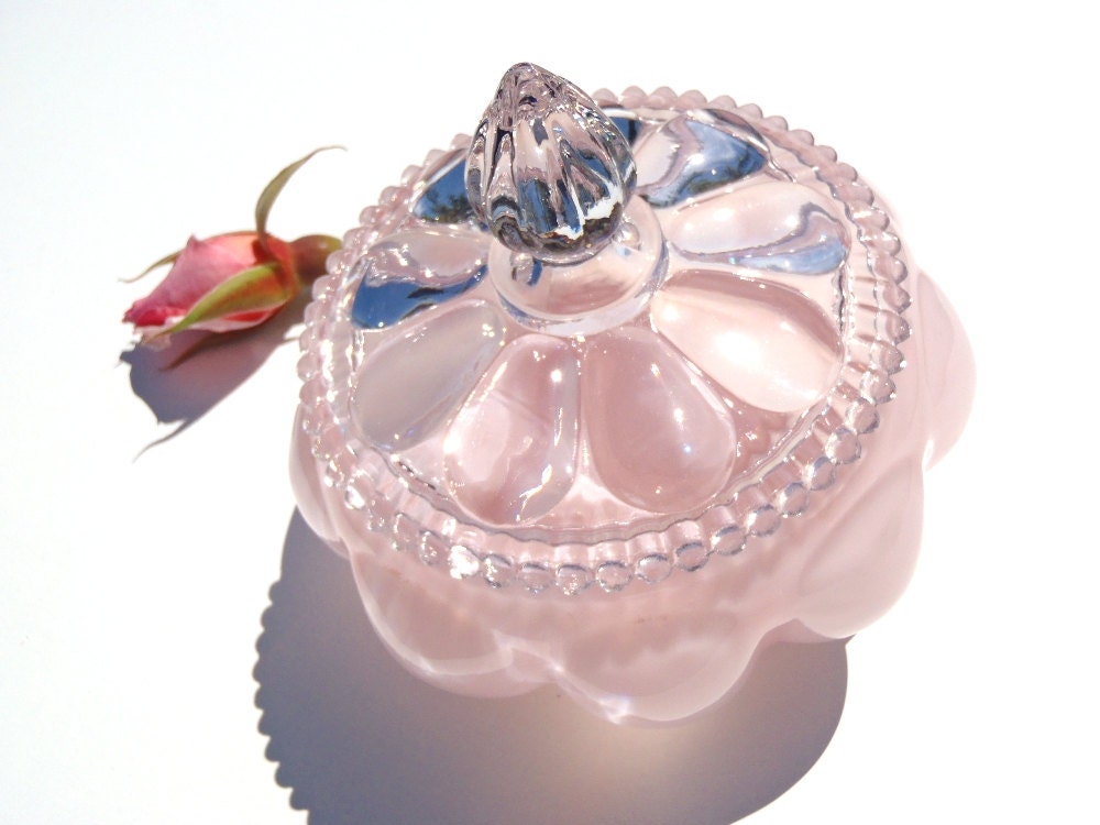 Antique Fenton Glass Powder Jar Powder Box Melon Beaded Edge Lid 1940s Glamour Boudoir Dresser Décor Pretty Pink Overlay and Clear Glass