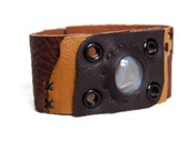 Leather Cuff Bracelet with Agate Cabochon in Dark Rusty Red, Yellow Ochre, and Dark Brown
