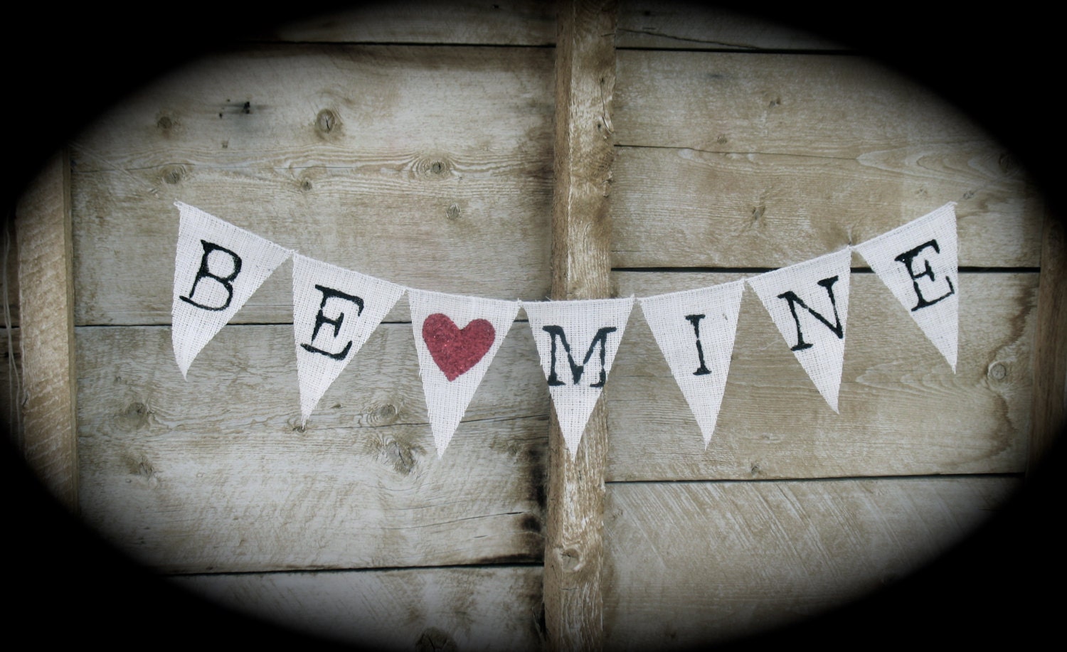 Be mine, red glitter heart and black glitter, old type lettering, valentine banner, burlap