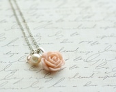 Blush Rose Necklace - Blush and Pearl Necklace - Blush Wedding - Bridesmaid Necklace - Rose Necklace - Antique Pink Rose Necklace