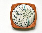 Wooden Brooch / Pendant - Liberty of London and Mahogany - Olive and Sage Spot Dot Floral