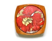 Wooden Brooch / Pendant Danish Style  - Liberty of London and Mahogany - Orange Yellow Black White