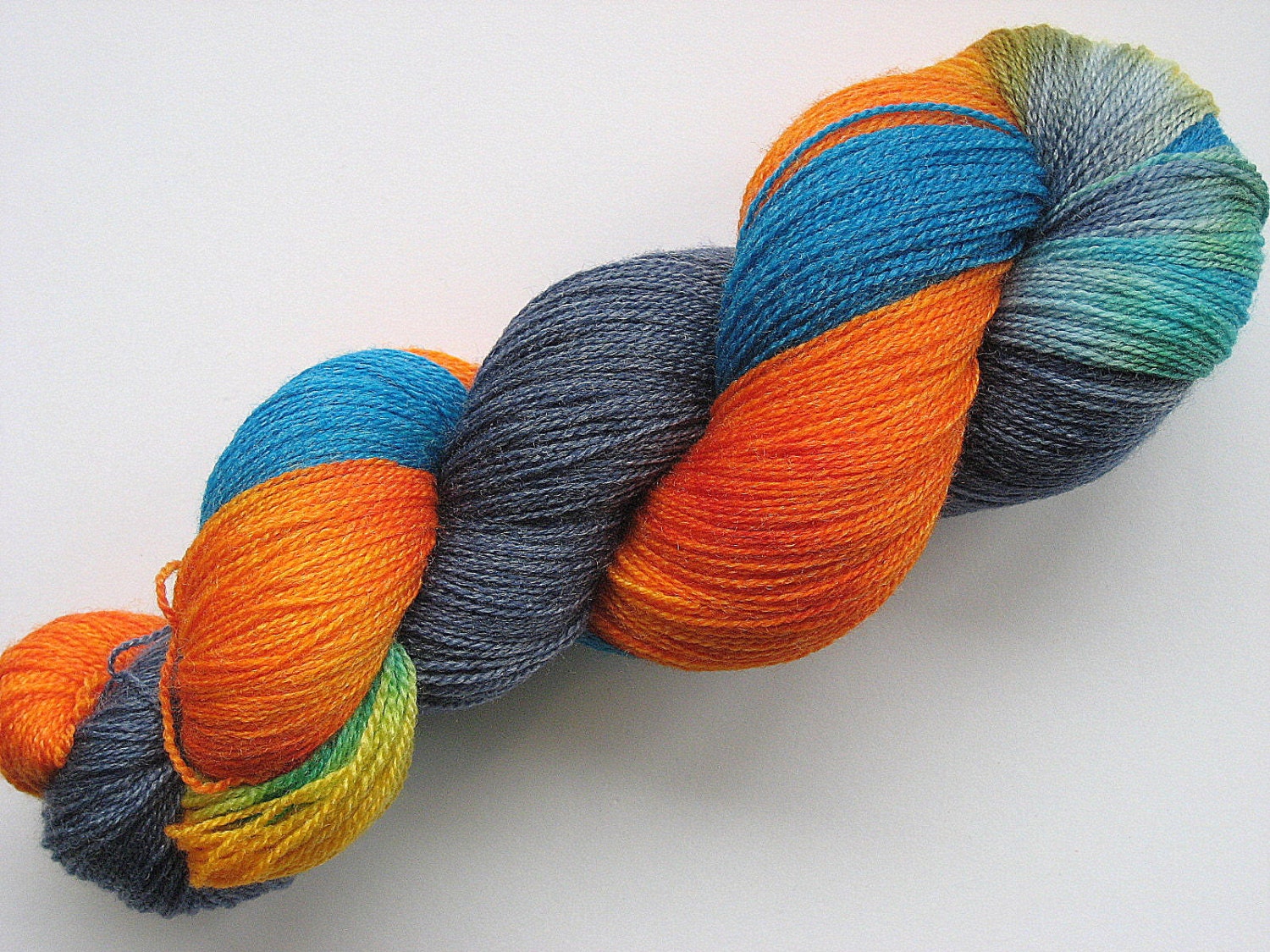 Orange, Turquoise, and Slate Grey Lace Weight Merino Bamboo Hand-dyed Yarn, 875 yds. Self-Striping 'Cosmic Rainbow'