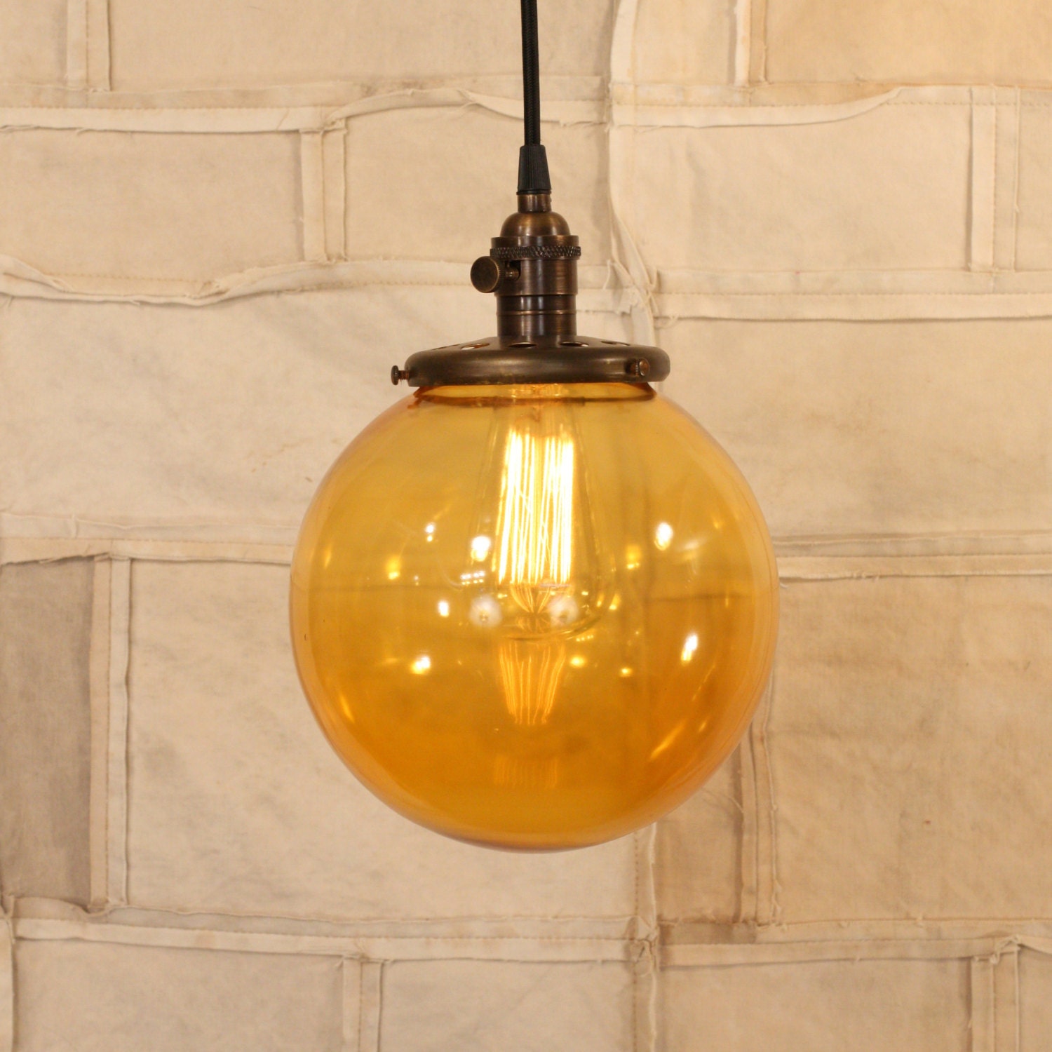 Pendant Light With Amber Orange Glass Globe - 8 Inch