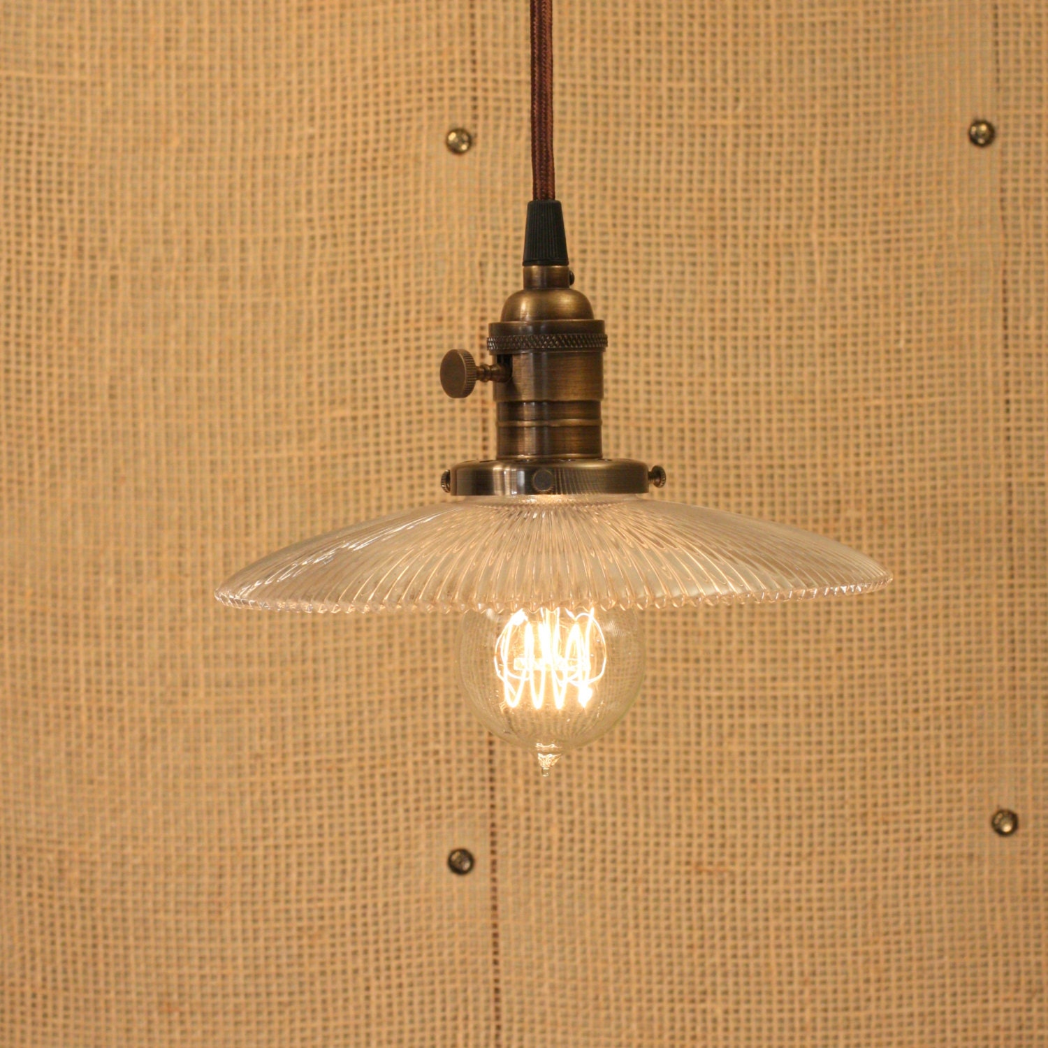 Chandelier Lighting with Vintage Holophane Flat Shade