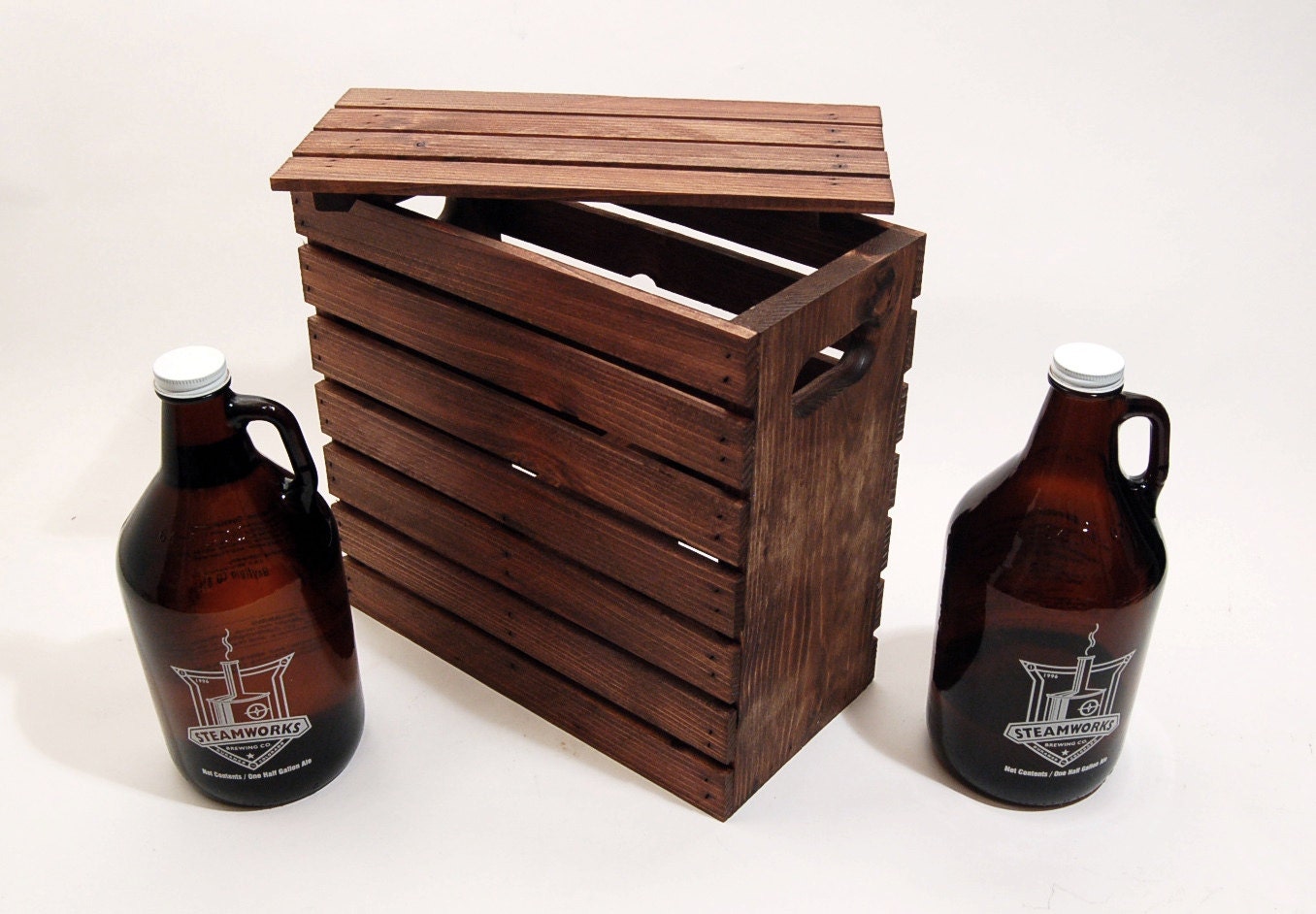 SALE - Double Growler Beer Crate with Lid - Handcrafted - Rustic - Holds Two 64oz Beer Growlers - Stained