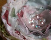 Big fabric flower brooch in pink, white, mint, light green with pearls, Swarovski and rose montees