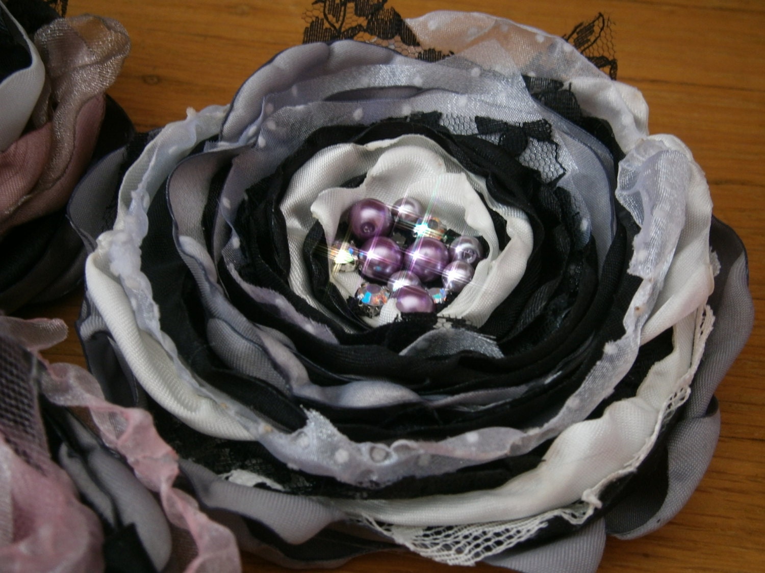 Black, white and gray fabric flower brooch with purple pearls and crystals Floral brooch pin Hair floral pin