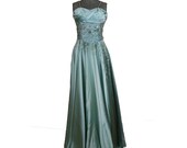 Vintage 1950s FRANK STARR 50s Couture Designer Liquid Satin Dress Sequin Beaded Sea Foam Formal Party From Wedding Cocktail Gown Small
