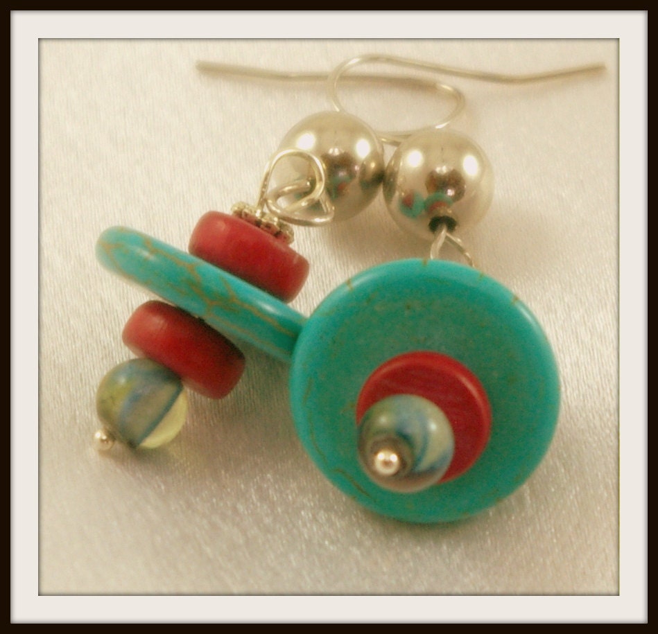 Turquoise Howlite and Red Earrings.  Bright.  Dreamy.