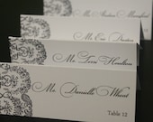 Wedding Escort Cards, Hand-Stamped, Lace, Tent Style, Unique, Elegant, White Cardstock, Custom Color Options