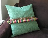 Soft Vintage Green Pillow Cover with Multi Colored Tassel Trim, 16"
