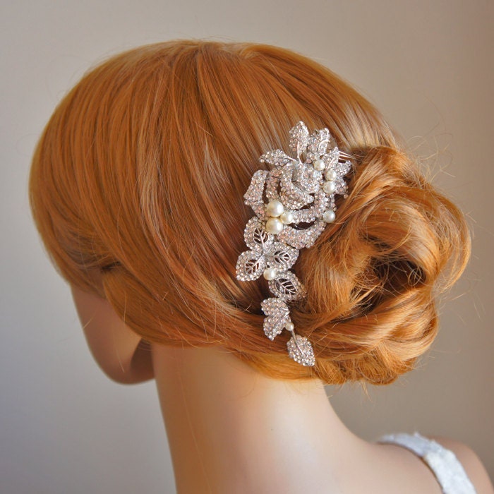 ALCIRA, Bridal Hair Comb, White or Ivory Pearl and Rhinestone Wedding Hair Comb, Vintage Style Rose Flower and Leaf Wedding Hair Accessories