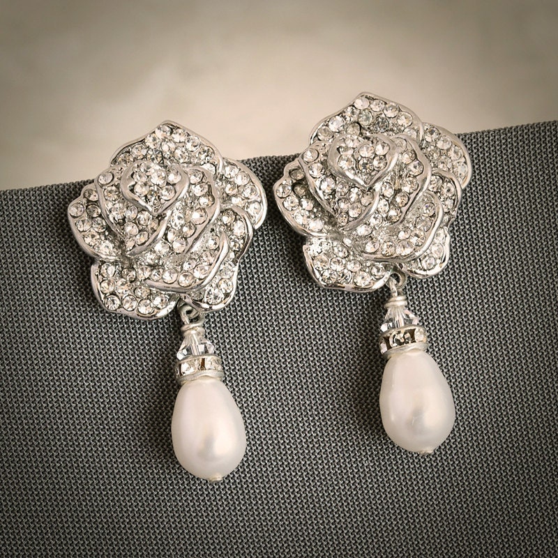 ROSELLE, Crystal and Pearl Bridal Wedding Earrings, Vintage Style Wedding Bridal Stud Earrings, Rhinestone Rose, Old Hollywood Jewelry