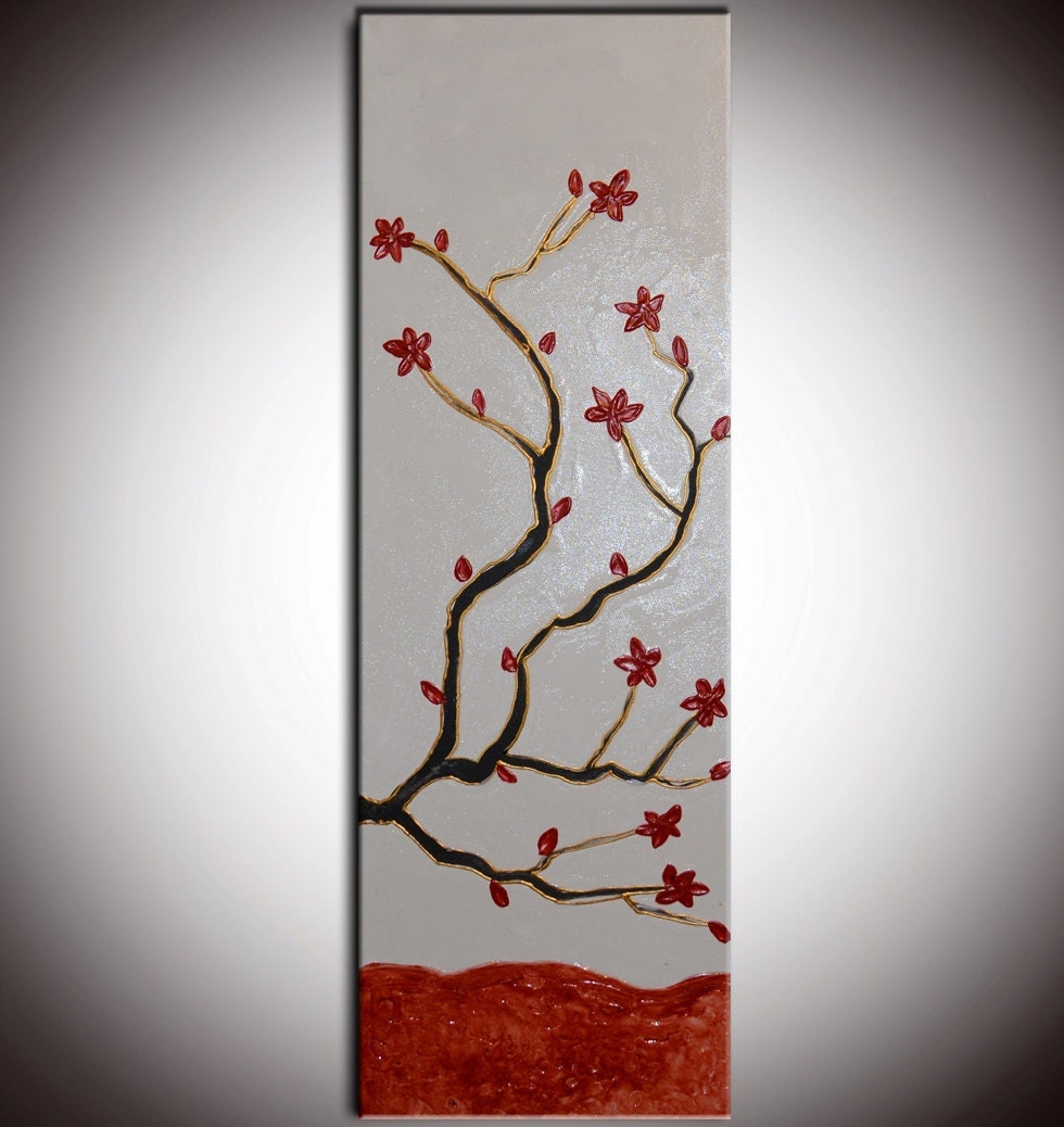 ORIGINAL Red Cherry Flowers Large Zen Abstract Flowers Blossom Gold Tree Painting Thick Texture Ready to Hang 36x12