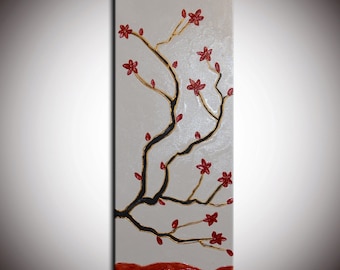 ORIGINAL Red Cherry Flowers Large Zen Abstract Flowers Blossom Gold Tree Painting Thick Texture Ready to Hang 36x12