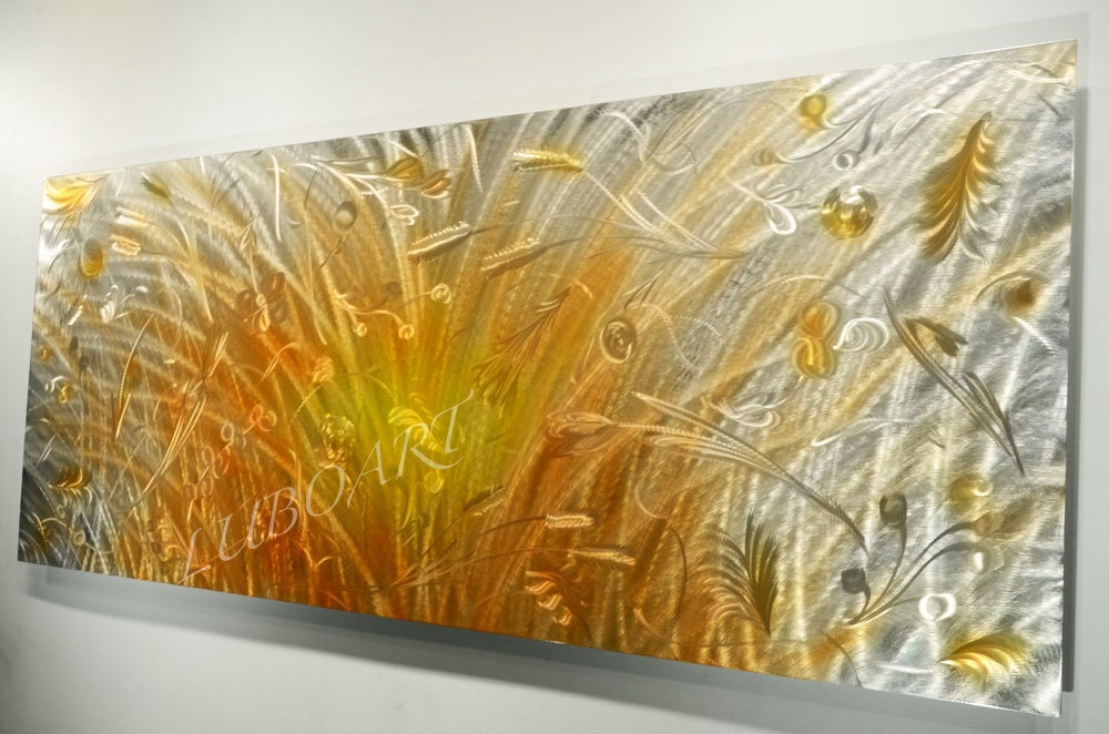 Wild Country 60" huge abstract painting art yellow silver METAL long wall decor original flower LARGE