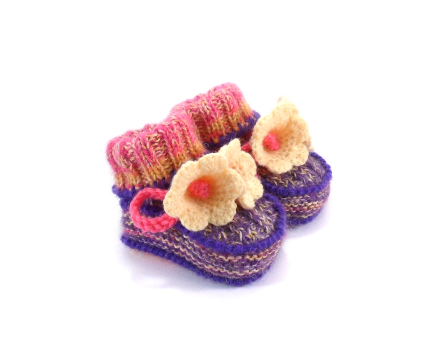 Baby Booties Hand Knitted with Crochet Yellow Bell Flowers, 0 - 3 months