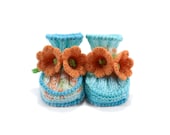Baby Booties Hand Knitted with Crochet Yellow Bell Flowers - Blue and Orange, 0 - 6 months