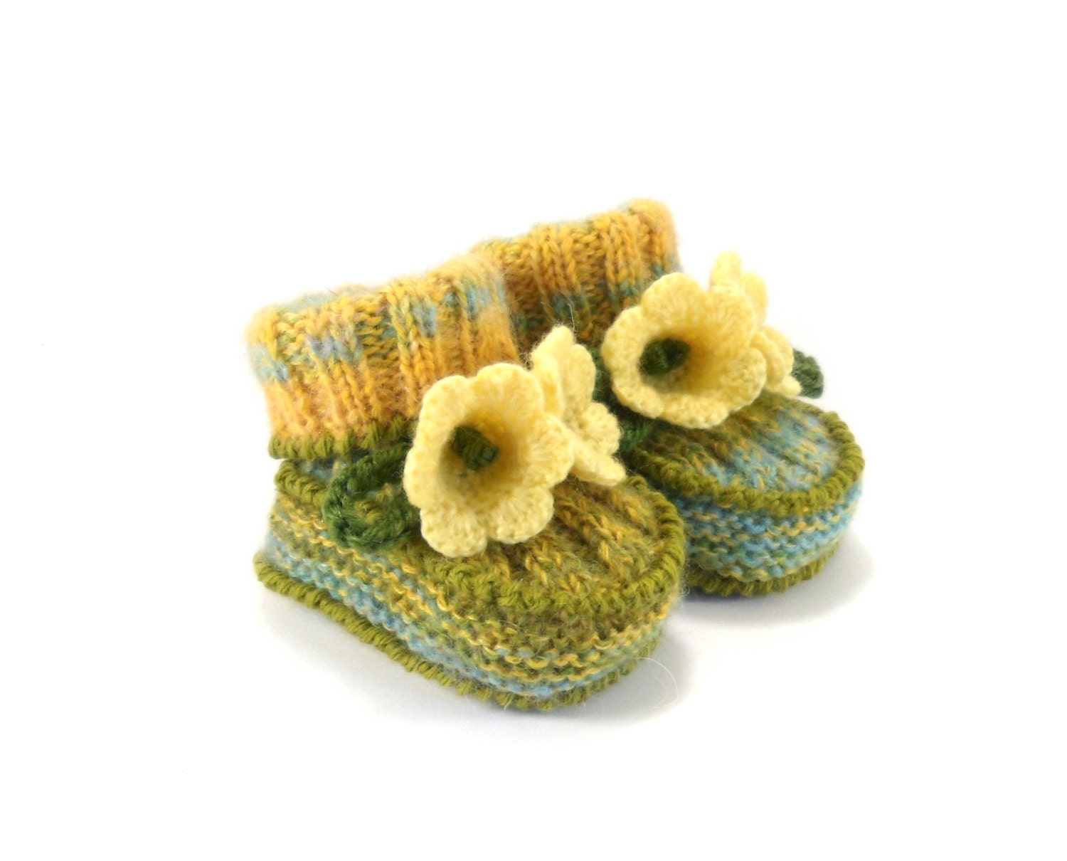 Baby Booties Hand Knitted with Crochet Yellow Bell Flowers, 0 - 3 months