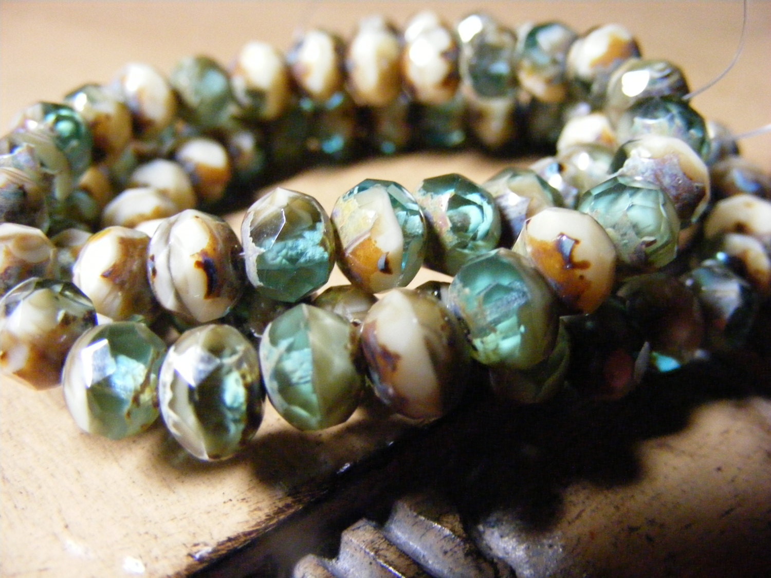 BLUE LAGOON, Czech glass bead, 12 each, 6mm x 4mm green turquoise