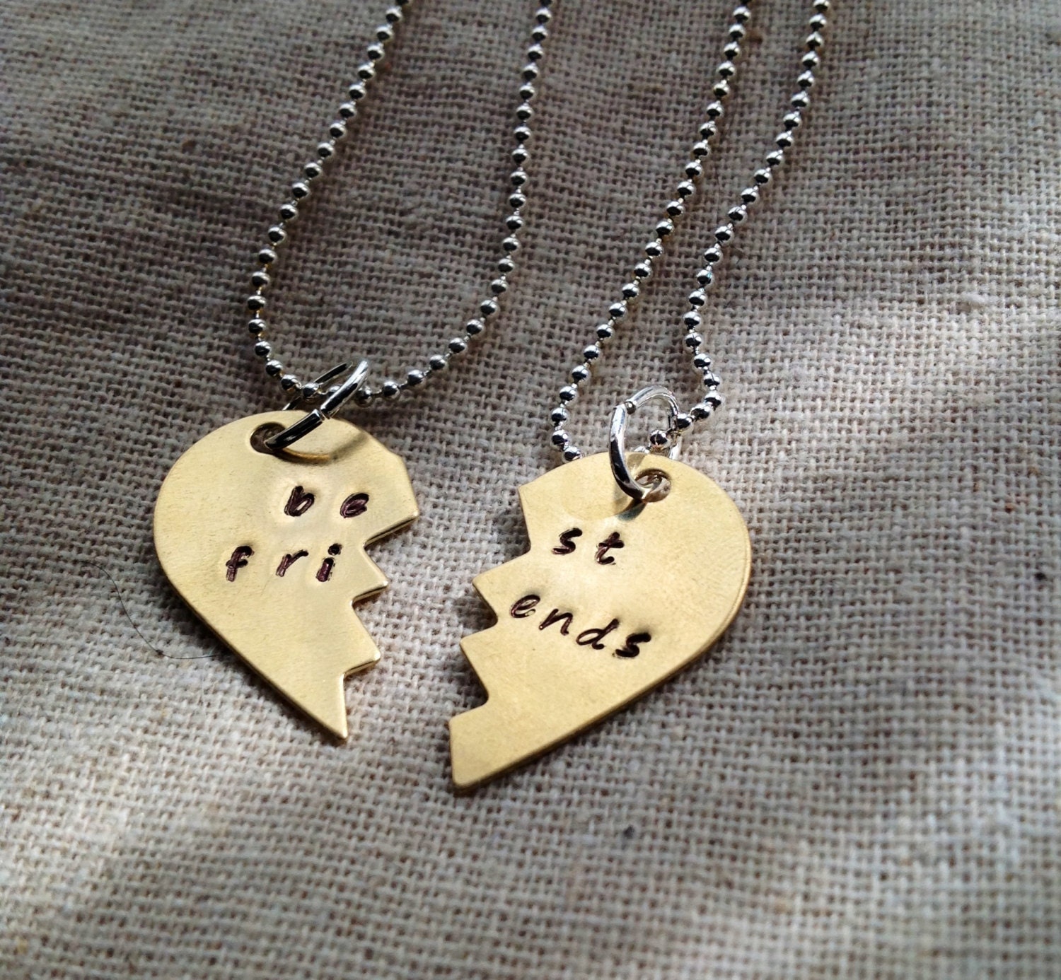 Best Friends Heart Necklace Set - Hand Stamped Brass or Copper Heart- Pick your Chain Type