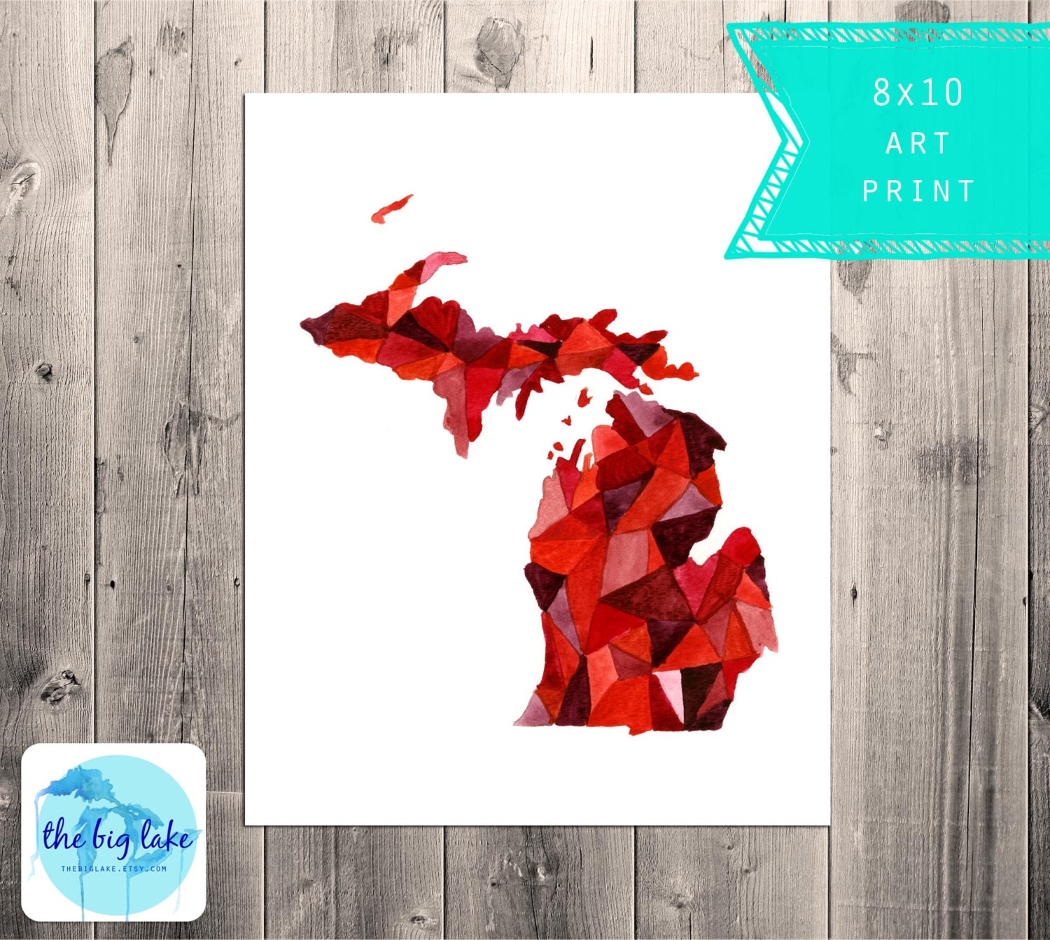 Michigan LOVE Print - Geometric Map Watercolor - Hipster Art  - Red - Triangle - Map Painting - Affordable Art - Design - Small Space
