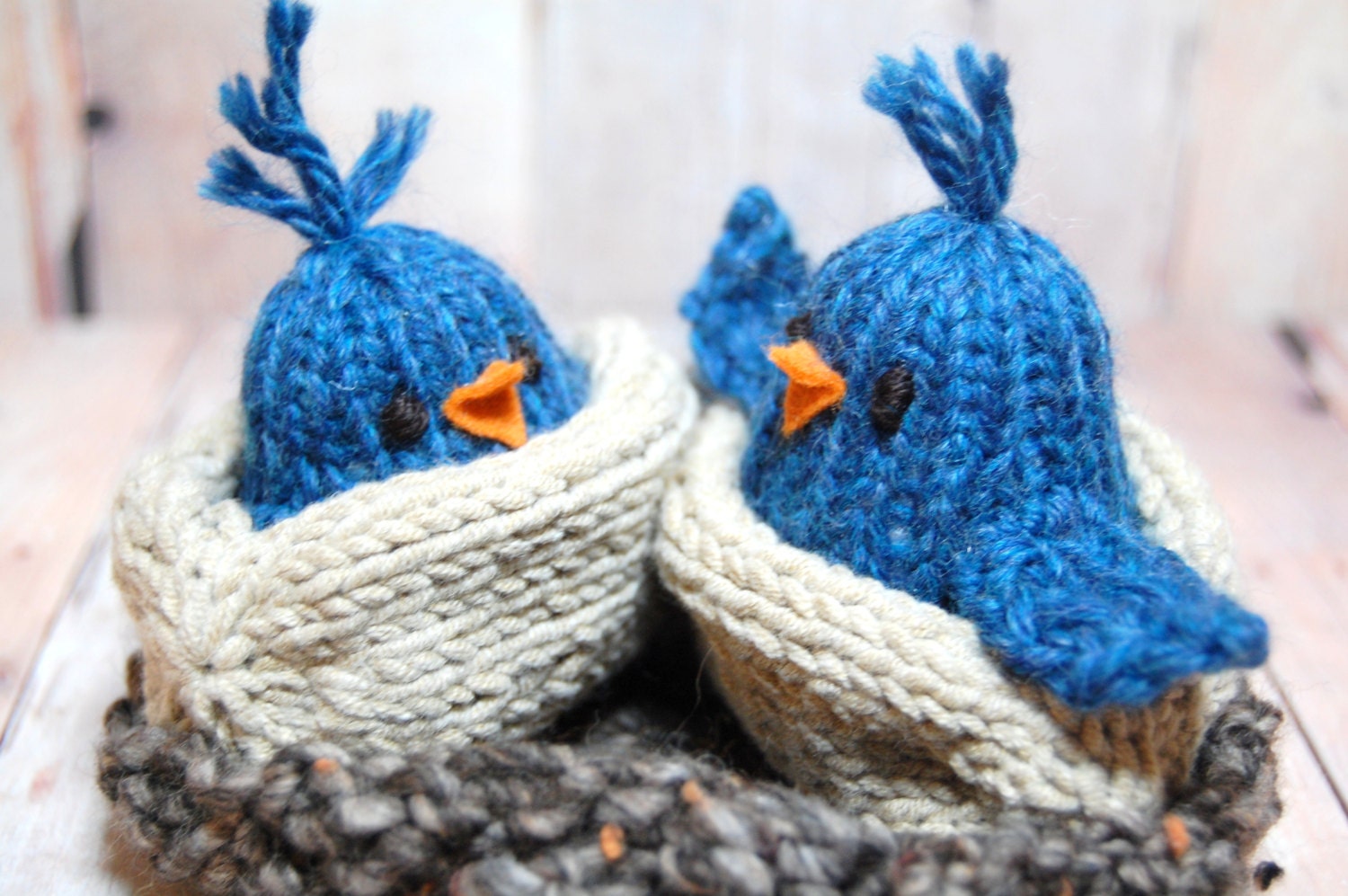 Blue Birds in Nest Waldorf Soft Knit Toy for Boys and Girls - Bird Hatchlings in Nest - Woodland Nursery - 5 piece set - Eco Friendly Toy