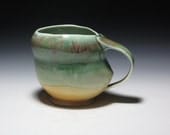 Mug 14oz. Pottery Wheel Thrown Celery Greens Red Orange Coffee Tea