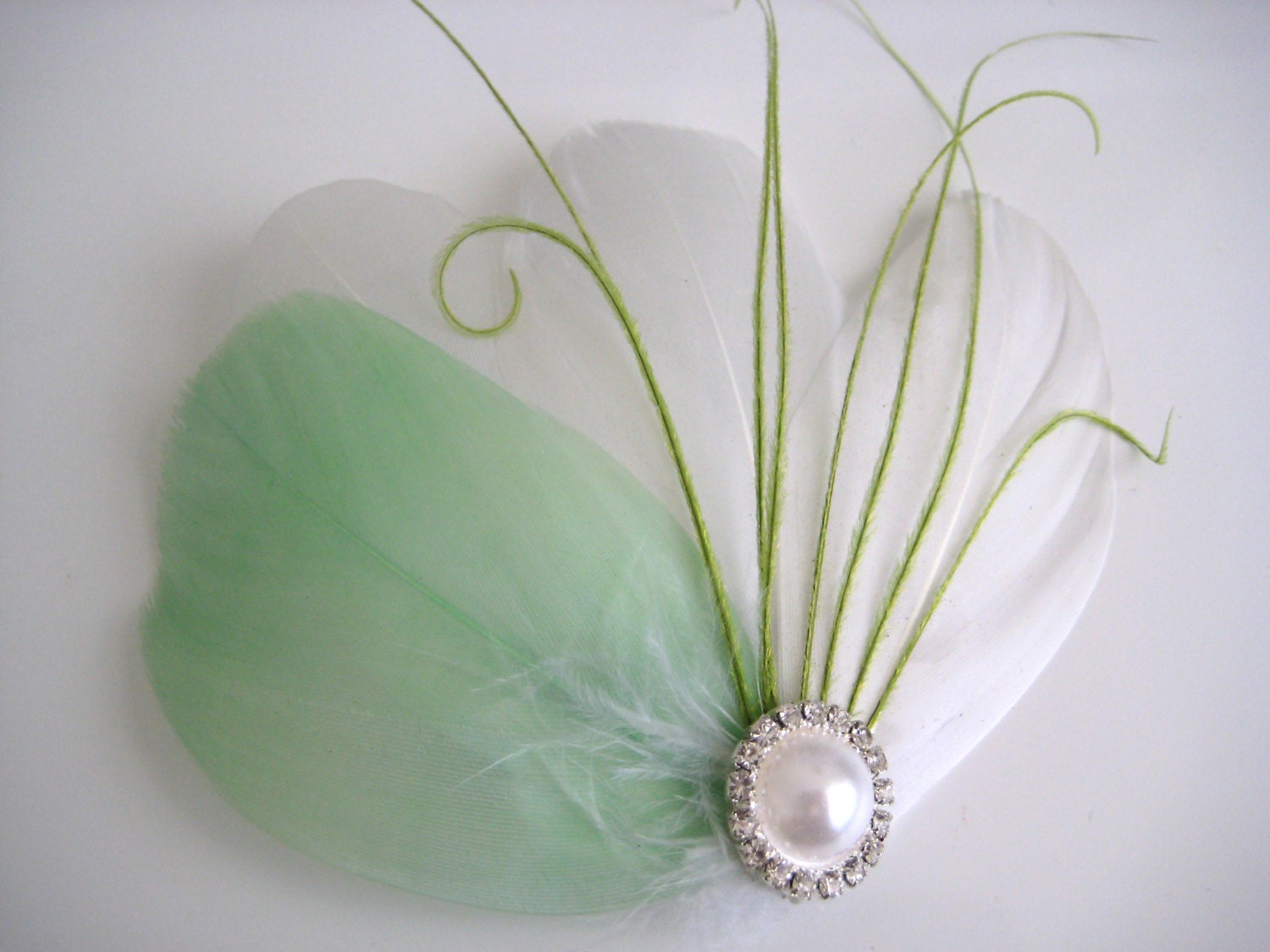 Wedding Bridal Bridesmaid White Mint Lime Green Feather Pearl Rhinestone Head Piece Hair Clip Fascinator Accessory