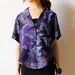 80s Silk Hawaiian Shirt Floral Print Cropped New Wave Top, hipster office summer beach blouse, purple, periwinkle, lilac button down