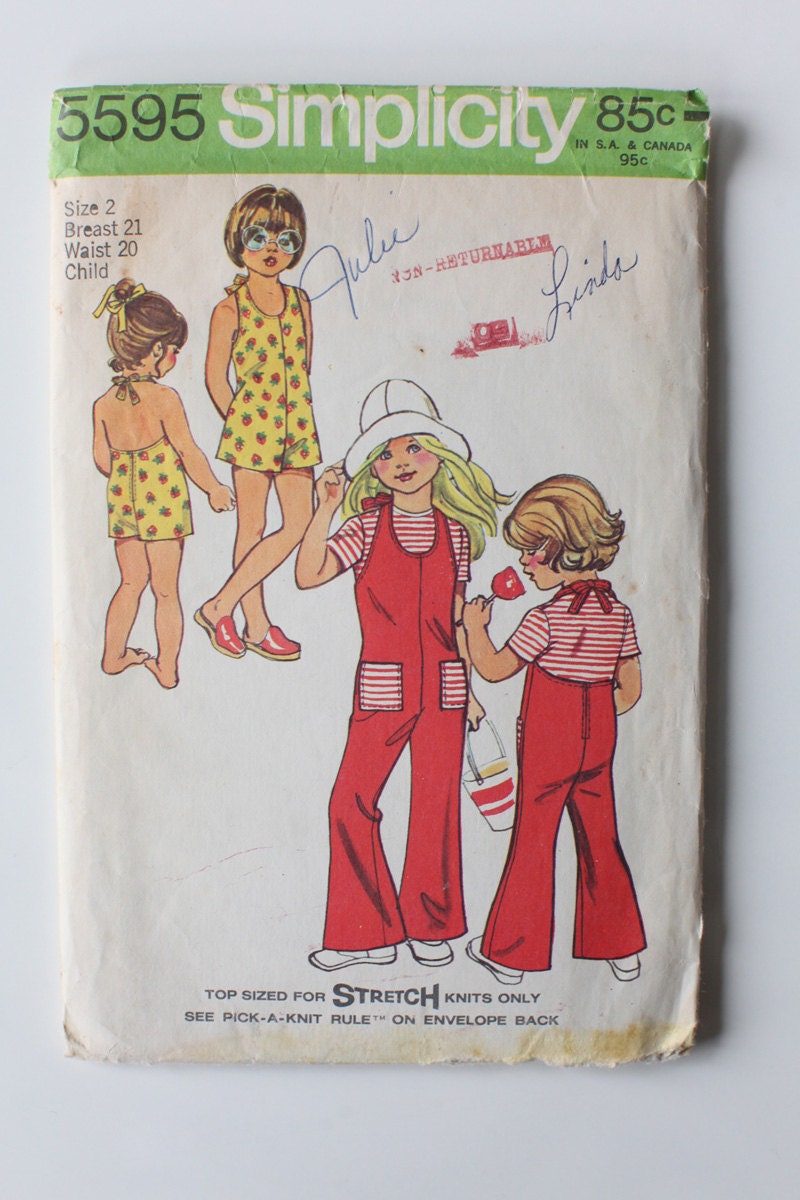 Vintage child's bell-bottom halter-jumpsuit and top, size 2, Simplicity 5595