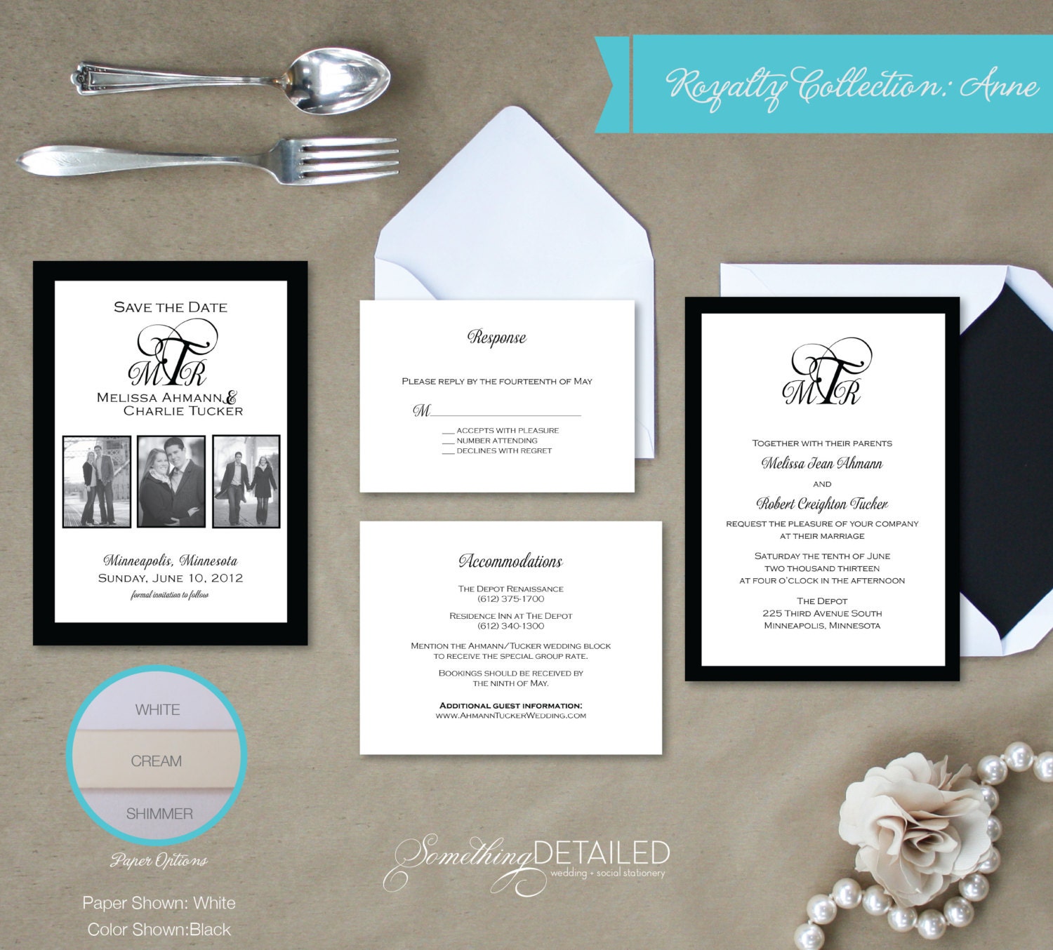 ANNE: Traditional Black and White Wedding Invitation Suite with Monogram