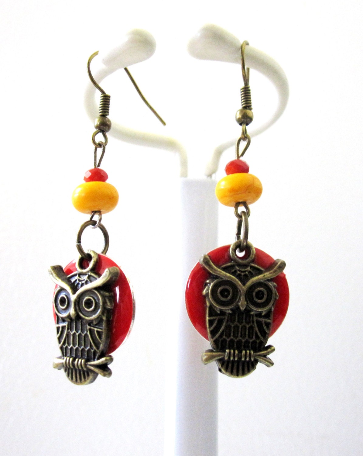 Mod Retro Owl Earrings Bird Jewelry Brass Red Mustard