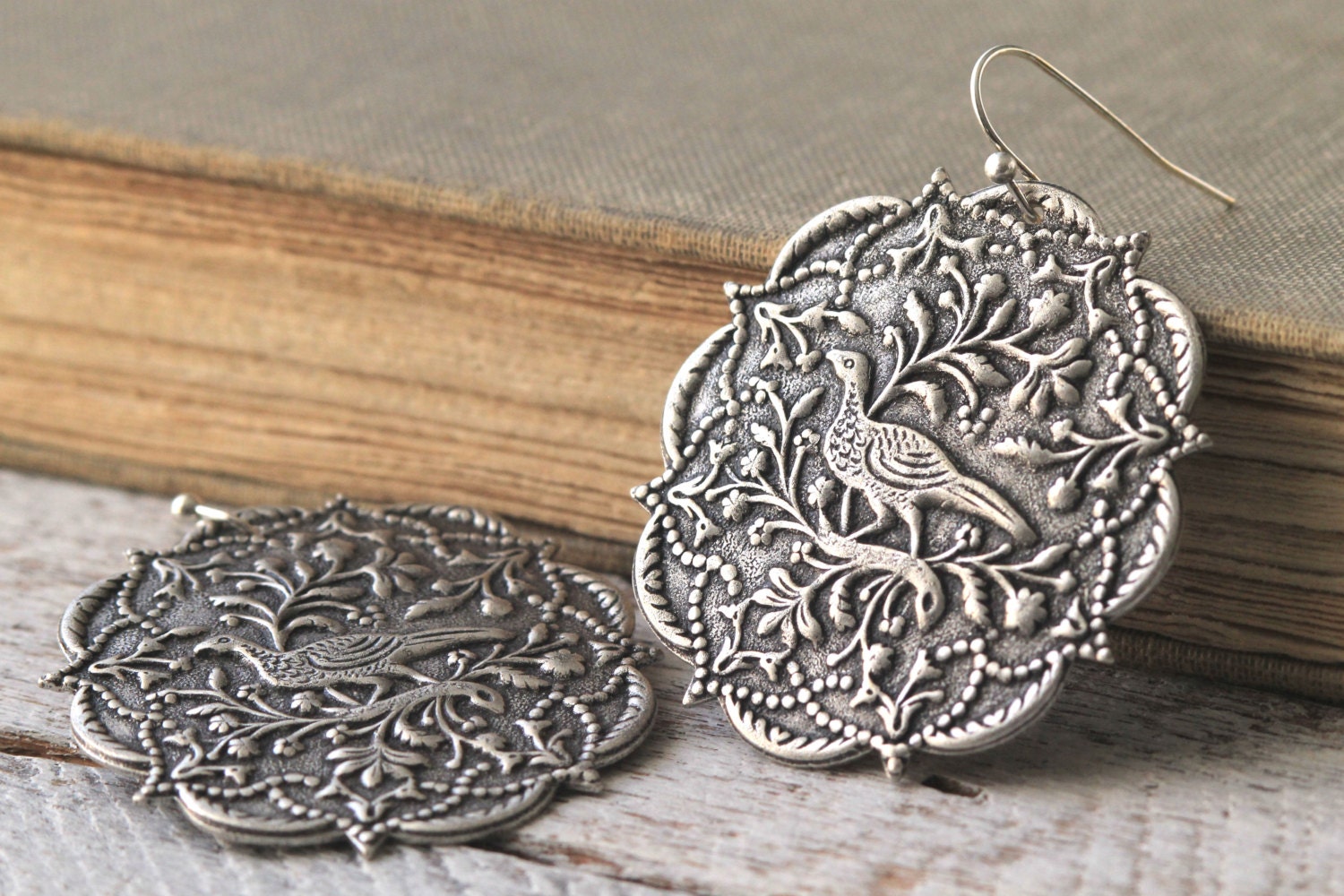 Bird On Branches Dangling Earrings-Antique Silver By Coughing Cow & Chicken