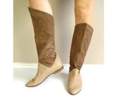 vtg 70s Tan Leather, Suede KNEE HIGH tall BOOTS boho 10 flat Italian hippie colorblocked riding