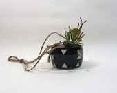 Hanging little cactus planter, indigo with raw unglazed triangles
