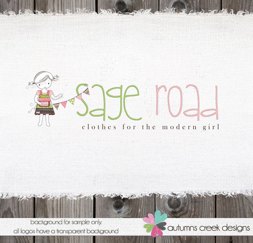 Premade Logo Design -  little girl child bunting flag party illustration boutique photography Logo Design  OOAK Hand Drawn